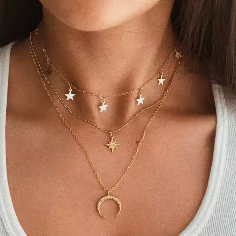 Celestial Gold Layered Necklace Set with Stars and Moon